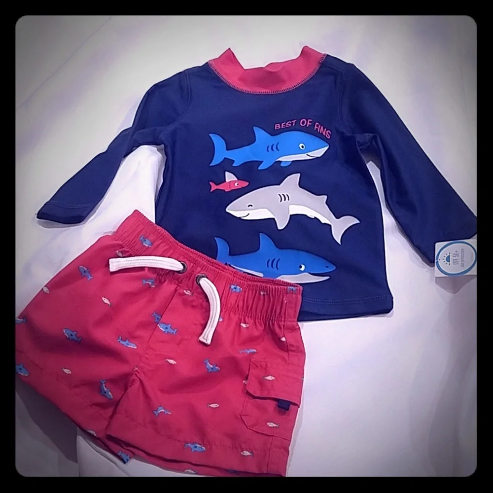 Carter's Rashguard Swim Trunks Baby Boys 3 months 50+ UPH Blue Red Sharks